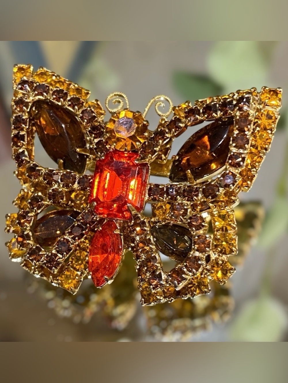 Vintage Layered Butterfly Rhinestone Brooch Amber Orange Gold Prong Setting